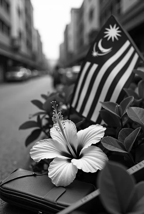 Non colouring photography of Malaysia city decorations with Malaysia flag, hibiscus flowers,  pencil case, ruler