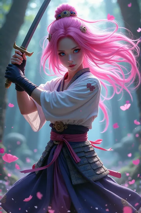 Samurai girl with pink hair, fighting pose,magical fey eyes, with Fey Powers. 