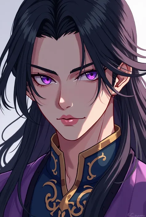 a close up of a person with balck long hair and a sword, Martial arts world, long black hair,  purple eyes, white skin, handsome man, Orientalism, Oriental style clothes, neat and clean, Like a novel illustration,beautiful character drawings, guweiz, artwo...