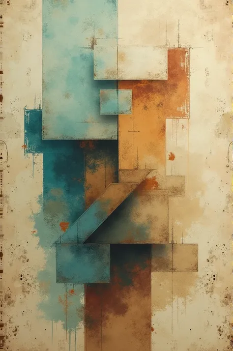 **"An abstract composition in faded cyan, warm beige, and rusty brown, with fragmented geometric shapes and uneven textures, suggesting the look of an ancient, hand-painted scroll