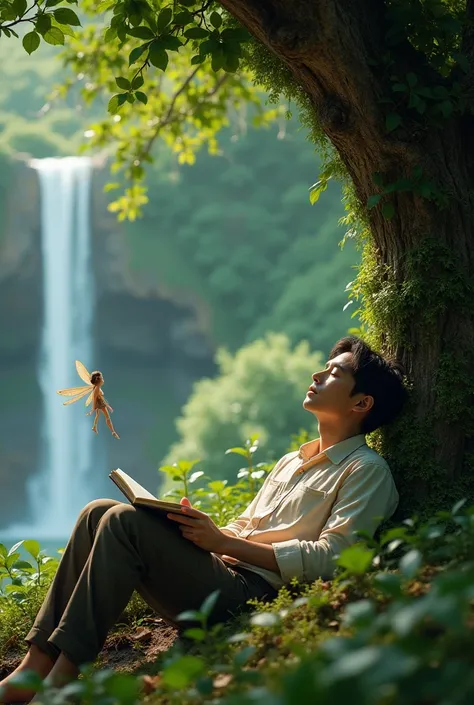 Photo hyper realiste 4K Un homme dort sous un arbre. Son livre sur les genous et la nature est luxuriante une cascade est au loin. Une fée papillon l’observe discrètement