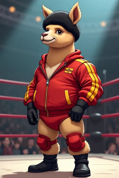 Cartoon Vicuna dressed like WWE wrestler Nikolai Volkoff.

cartoon Vicuna head. Cartoon vicuna hands. Cartoon vicuna body. Cartoon vicuna arms. Cartoon vicuna legs.

Black Furry ushanka hat. Red track jacket ordained with yellow accents. Red underwear. Red...