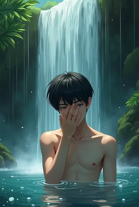 I want a 16 year boy who under the waterfall hiding his face whith his one hand 