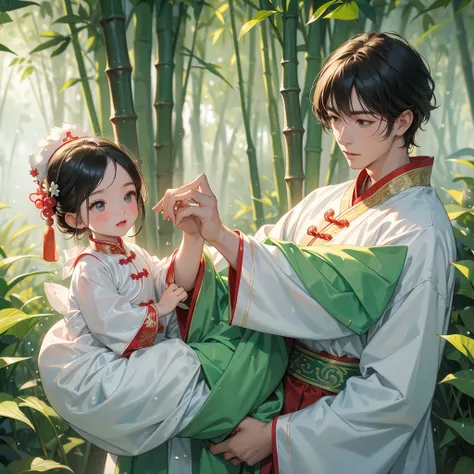 A one-year-old baby boy in an white ancient Chinese baby costume with his beautiful mother, dressed in an ancient Chinese costume, playing with each other, with his handsome father standing next to his mother, close up.

Behind is a lush green bamboo fores...