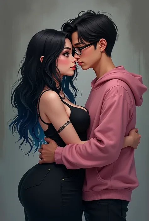 Couple of boyfriends, she is gothic with a curvy body, big cheeks, big butt, black hair with blue and big brown eyes, clear skin, He has straight hair combed up and small rectangular glasses and a wide nose and a pink sweatshirt and black pants.