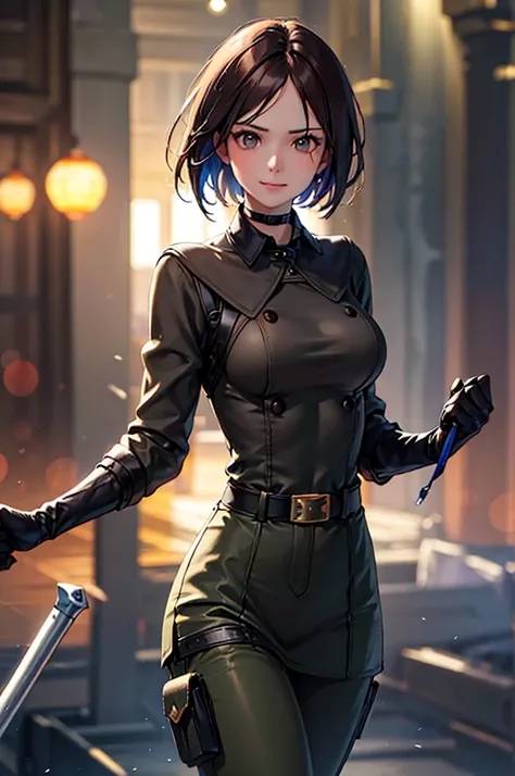 (at night), in a video game scene in the background, a beautiful city at night, raining, alone, standing looking straight ahead, military clothing with military green skirt and pants, black gloves, semi-short hair, ((semi-short hair)), 1 girl, 30 years old...