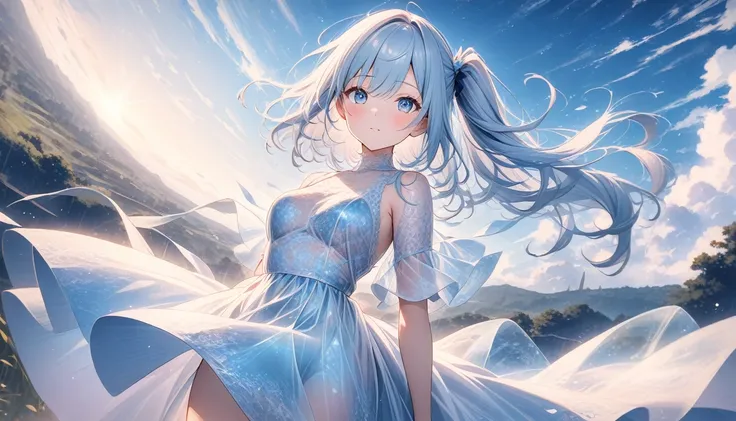 ((style:Colored pencil,pale colour)),(anime)、(masterpiece:1.2),Atmospheric perspective,Lens flare、(Empty Country)、(Princess)、Otherworldly fantasy、cute、Hair blowing in the wind、((A translucent lace dress that evokes the image of wind))、Clear blue sky、Light ...