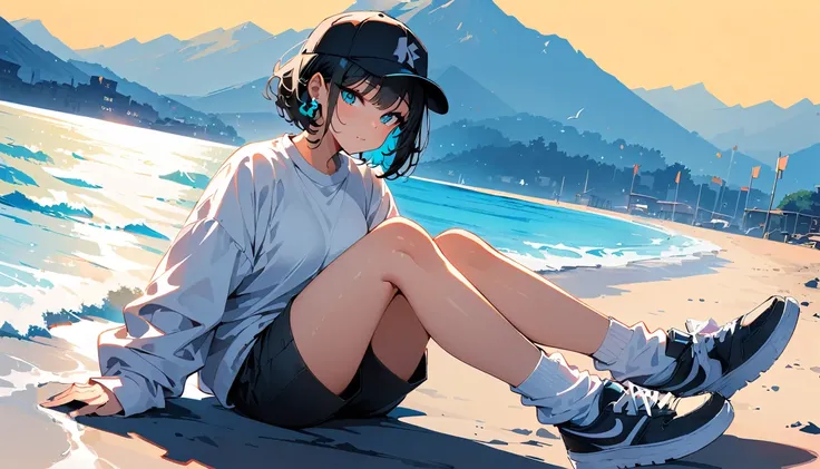 quality, 8k, 4K, High Contrast, masterpiece:1.2, 最high quality, Best aesthetics), ((1 female)),Sitting sideways on the ground, bright eyeshadow,((extra short hair)), (Blue sky and seaside background), (He was only wearing a grey long-sleeved sweatshirt.), ...