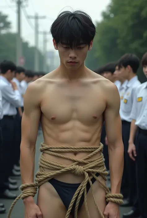 1boy、Handsome Men、Japanese male, 、Completely naked、Full nudity、erection、Huge penis、Highest quality、Realistic、beautiful、Sad look、 ((((Both arms were tied up with rope)))), ((((A very tight rope is crisscrossed over the chest)))),(((Body bound with tight rop...