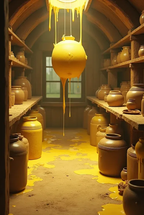 Make a scene which is inside a house. A pot of butter is hanging from the ceiling. The floor is made of mud. The whole room is filled with butter and pots. 