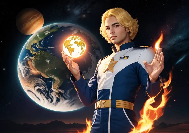 Star Commander Man Blue Color Outfit, Ashtar sheran blonde hair, left palm raised emitting a blue light from the palm, with planet earth on fire in the background.