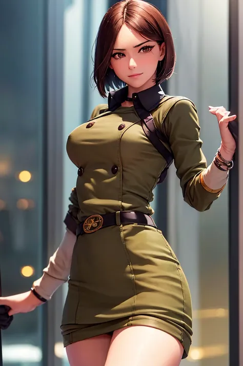 (at night), in a video game scene in the background, a beautiful city at night, raining, alone, standing looking straight ahead, military clothing with military green skirt and pants, black gloves, semi-short hair, ((semi-short hair)), 1 girl, 30 years old...