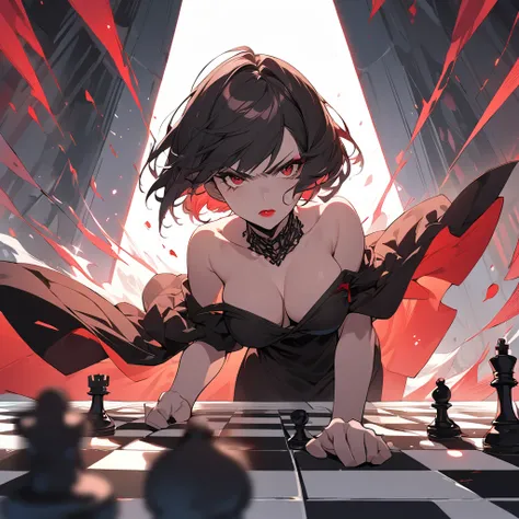 A highly detailed, high-quality anime-style illustration featuring a beautiful short-haired girl wearing a black summer dress. She has striking red lipstick and is forward intensely, glaring at the chessboard in front of her. Her large breasts, soft and pr...