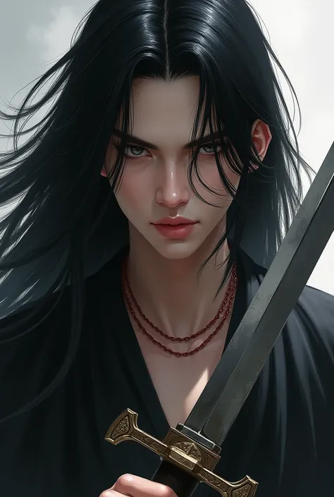 a close up of a person with black hair and a sword, black haired deity, with black long hair, with long black hair, artwork in the style of guweiz, black haired, guweiz, handsome guy in demon slayer art, beautiful character painting, by Yang J, black-haire...