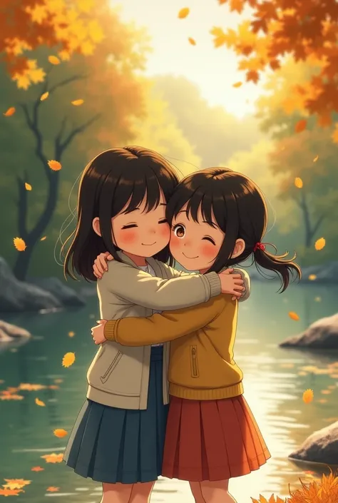 two girl with 3peace hugging beside river. leafs falling 