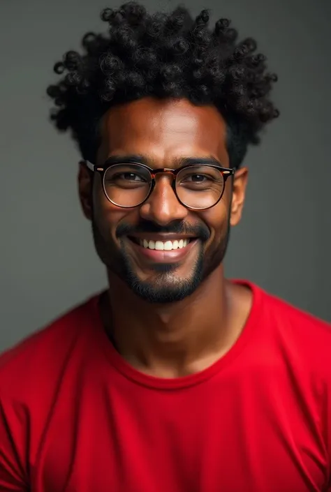 A guy wearing a red colour tee shirt and black pointy hair  . Dark skin . Beautiful . Wears glasses in between his hair . Smirking. Curly hair . Transparent frame for glasses .  Indian