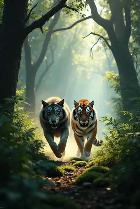 The wolf is in the forest and is being chased by a tiger