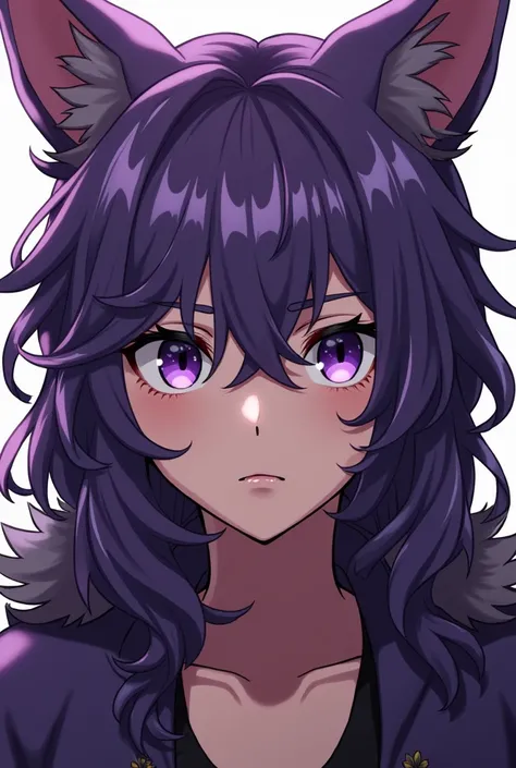 Close-up photo, Confident young purple haired,Fox Ears,long hair、Wavy Hair、Serious purple eyes, whole body, Guts pose.Purple outfit. Facial scars