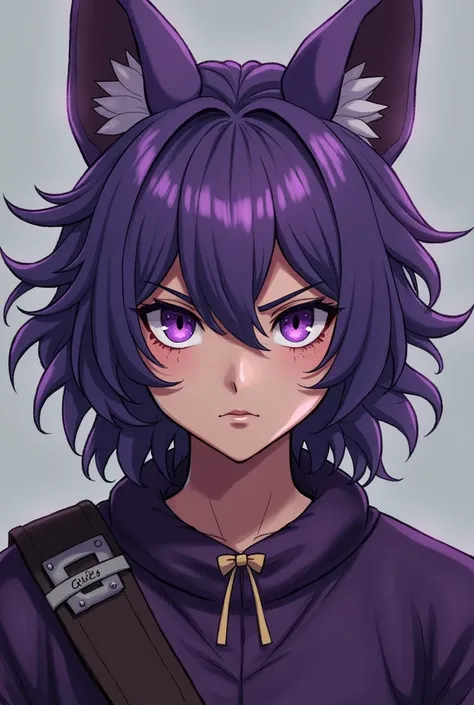 Close-up photo, Confident young purple haired,Fox Ears,long hair、Wavy Hair、Serious purple eyes, whole body, Guts pose.Purple outfit. Facial scars