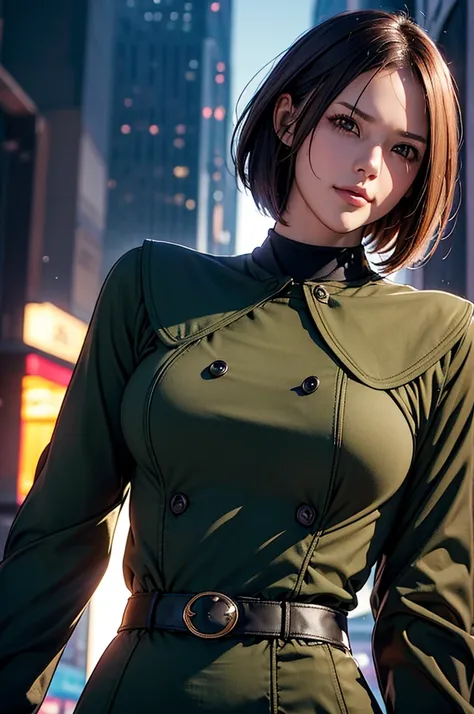 (at night), in a video game scene in the background, a beautiful city at night, raining, alone, standing looking straight ahead, military clothing with military green skirt and pants, black gloves, semi-short hair, ((semi-short hair)), 1 girl, 30 years old...