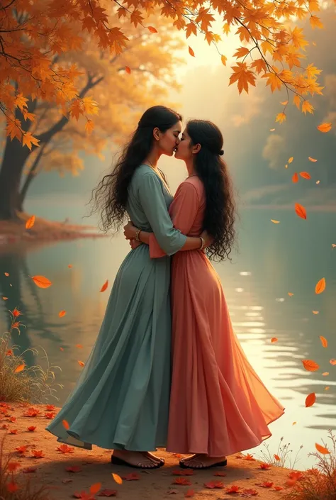 two bengali girl with 3piece 
 kissing beside river. leafs falling 