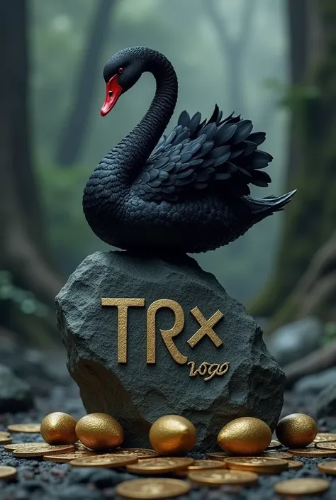 Black swan sitting on a big rock engraved with TRX, and DOGE coins as a nest, poisoned bananas , TRON