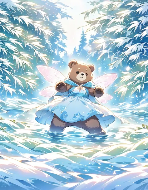 a brown bear stands on the bank of a forest river，striking a threatening pose,snow fairy tale