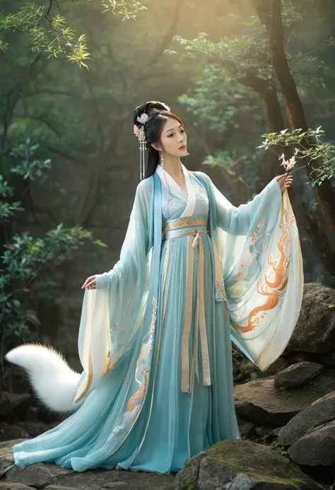 Best quality,chinese girls,hanfu,
Break, Featuring the majestic fox spirit with nine tails. This scene is set in an ancient world, where gods and mythical creatures roam the earth. 
Break, The fox spirit is depicted in a moment of divine intervention, stan...