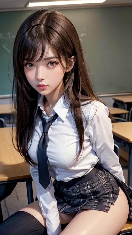 Product quality,1 person,Low Angle,(My pants are a little visible.),Young and cute Japan,Daytime, ((High school classroom:1.2)),Schoolgirl uniform,blazer,tie,Plaid,Blue Micro Mini Skirt,Very cute face,Glossy Lips,Beautiful big eyes,Brown eyes,Double eyelid...