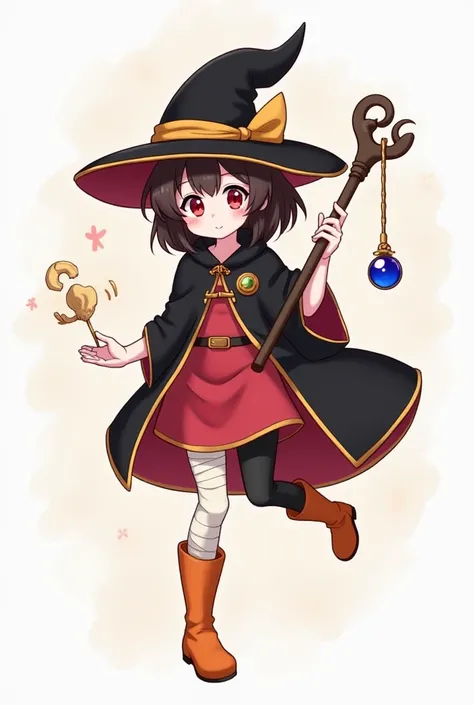 Megumin is a young girl with shoulder-length dark brown hair (smooth black in light novel) and oddly languid crimson-colored eyes. She has fair skin, doll-like features[1] and a light complexion.

Megumin wears a classical witch attire such as a black cloa...