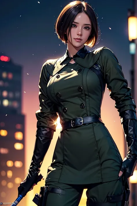 (at night), in a video game scene in the background, a beautiful city at night, raining, alone, standing looking straight ahead, military clothing with military green skirt and pants, black gloves, semi-short hair, ((semi-short hair)), 1 girl, 30 years old...