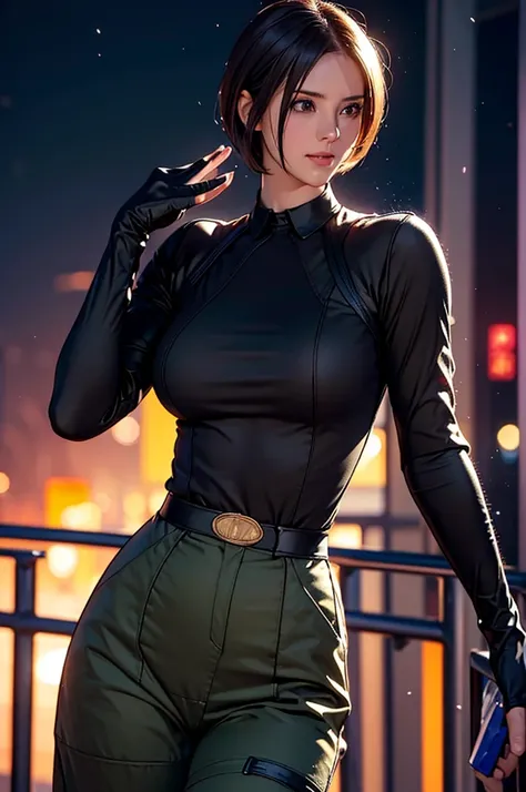 (at night), in a video game scene in the background, a beautiful city at night, raining, alone, standing looking straight ahead, military clothing with military green skirt and pants, black gloves, semi-short hair, ((semi-short hair)), 1 girl, 30 years old...