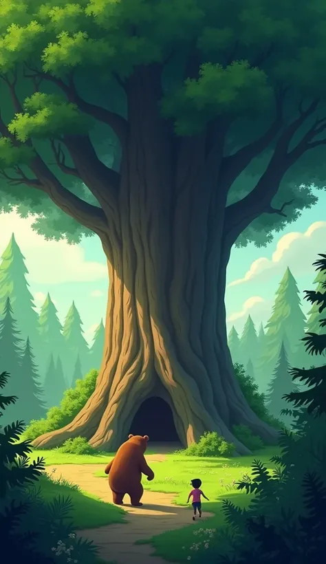 Viral cartoon in 4K quality in the style of digital illustration is a large tree in a lush forest, under which a bear stands. The first friend (Rahul) who came down from the tree is slowly moving towards the bear. The bear is furious to see him and starts ...