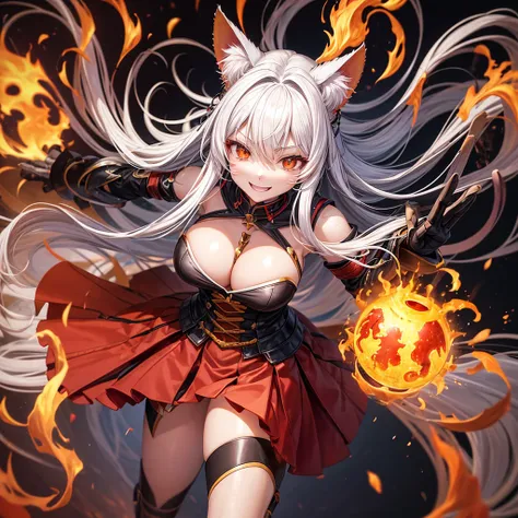 Purgatory Anjuro,human,Long-haired,Red and yellow hair,warrior,Clothed in flames, Cat ear、Silver Hair、3DCG、3D Rendering、Captivating body、Energetic、Large Breasts、A seductive smile、Moving lines。