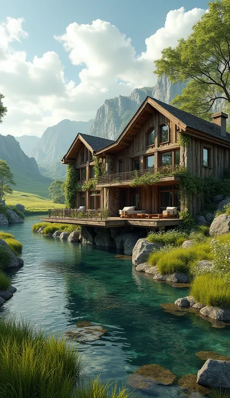 A 3d beautiful raw house on edge of river grass on walls grassy land plants flowers trees clouds in sky