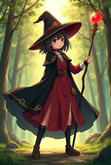 Sure! Here’s a prompt for the scene featuring Megumin:

---

**Megumin stands alone in a lush green forest, bathed in the soft light of a setting sun. Her shoulder-length dark brown hair, appearing almost black, sways gently with the breeze. Her oddly lang...