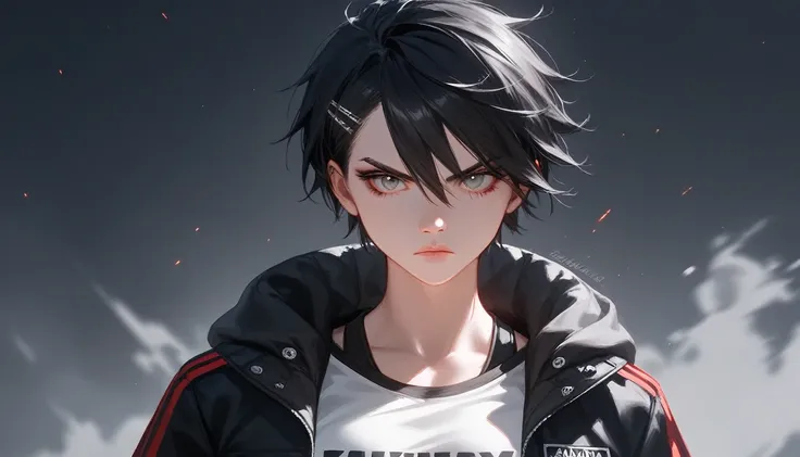 A serious, badass anime girl with short black hair, styled in a streetwear fashion. She wears a stylish hair clip. The scene captures her intense gaze and confident posture, with a gritty urban background to emphasize her tough, no-nonsense attitude. The o...