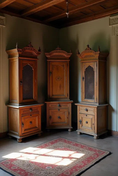 A study room without bed has three old indian cupboards image 360°