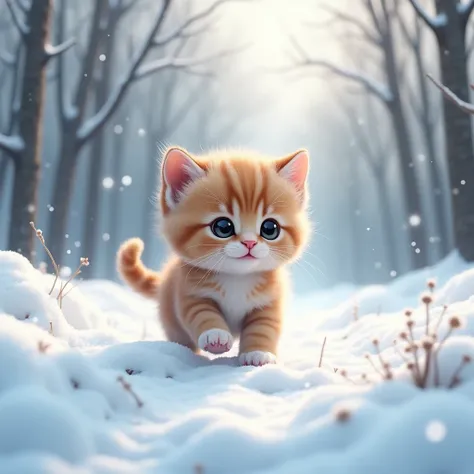 A kitten is playing alone in the winter snowy forest