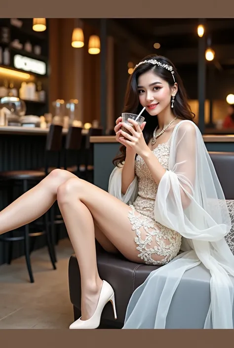 a beautiful girl, hold a cup of ice coffee in her hand, sexy pose, beaufidul leg, luxury dress, intricate accessories, sit at coffee shop