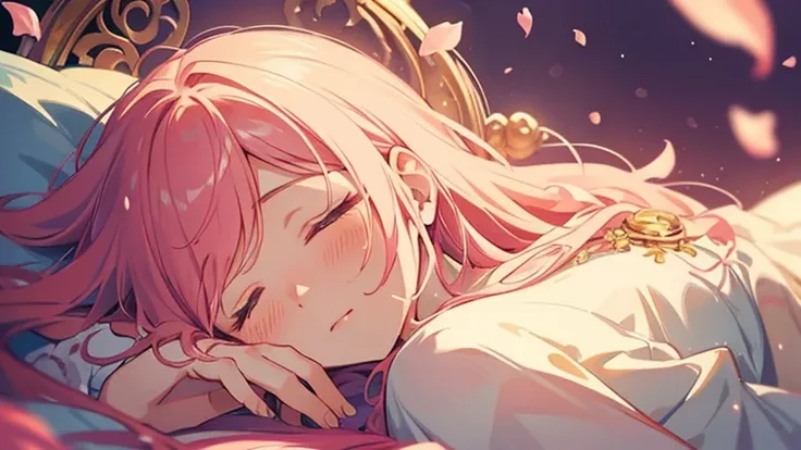 She closed her eyes gently,sleeping face、Soft lighting, Dreamy atmosphere, Great aesthetics, Fantasy Theme, Natural elements, Floral Background, Subtle details, Flowing pink hair, Unusual poses, Bright colors, Petals falling, Face down
