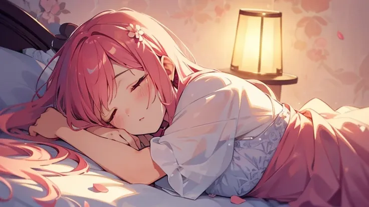 She closed her eyes gently,sleeping face、Soft lighting, Dreamy atmosphere, Great aesthetics, Fantasy Theme, Natural elements, Floral Background, Subtle details, Flowing pink hair, Unusual poses, Bright colors, Petals falling, Face down
