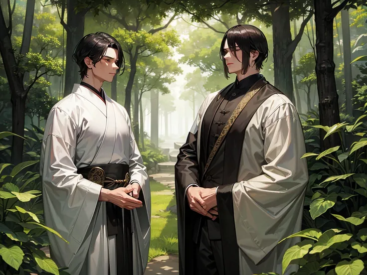 A scene set in a misty forest, in the style of classical Chinese martial arts. A young man, dressed in simple traditional attire, is stealthily observing two elderly men from behind a large tree. The two old men, wearing elaborate robes befitting martial a...