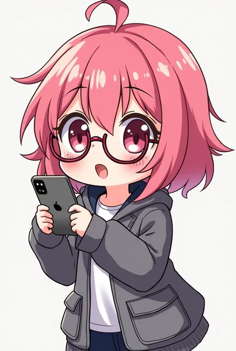 anime girl with pink hair and glasses in a gray jacket, chibi anime girl, in an anime style, chibi girl, an anime girl, unknown artstyle, sketchy artstyle, anime style character, anime moe artstyle, chibi style, anime styled, in anime style, anime chibi, n...