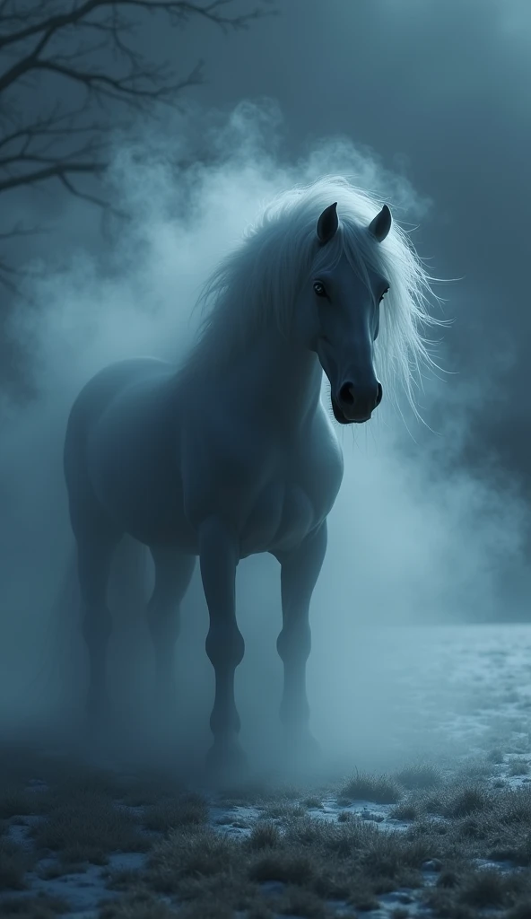 A shadowy horse with mist swirling around its hooves, its breath visible in the cold night air.