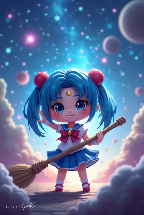 Little Wedmon, blue hair, Sailor Moon outfit, odd broomstick, uses the power of the universe.