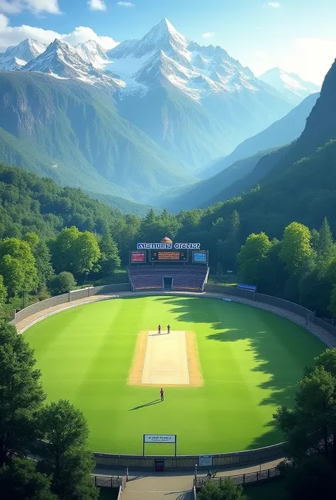 create an image of a cricket ground and the name of the ground is pehure ground . The name is mention on the board or on the top of the ground. the groung is surrounded by the mountain and trees