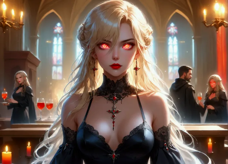 Arafed, dark fantasy art, glamour shot, award winning shot, photorealistic, a portrait of a female vampire drinking a ((glass of blood)), blond hair, dynamic hair style , long hair, red lips, (glowing eyes: 1.5), dynamic eye color, dynamic color, she wears...