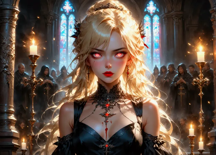 Arafed, dark fantasy art, glamour shot, award winning shot, photorealistic, a portrait of a female vampire drinking a ((glass of blood)), blond hair, dynamic hair style , long hair, red lips, (glowing eyes: 1.5), dynamic eye color, dynamic color, she wears...