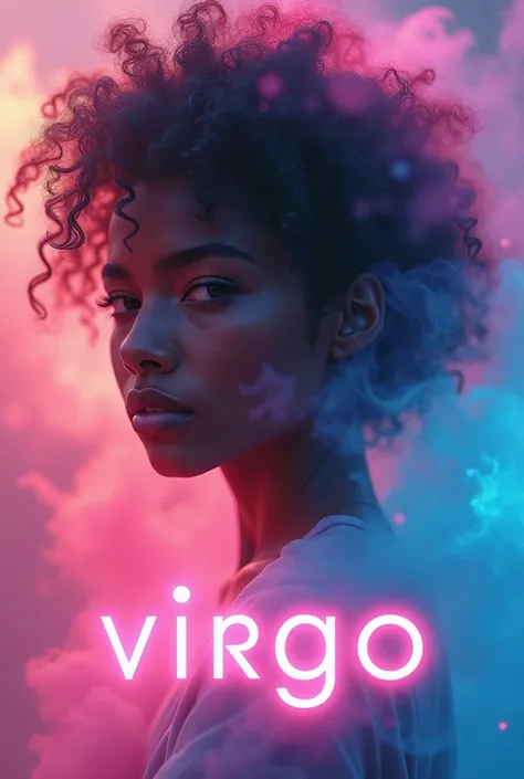 (movie poster with title and text graphics:1.3), (the title banner text logo says, "VIRGO":1.5), Romanticism, UHD, attractive, ethereal dark skin, elegant, teenager, beautiful, flawless, angelic, soft liquid rainbow smoke background, wind, fractal neon ant...